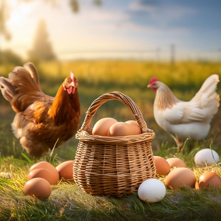 Easter eggs in a basket on a green meadow with chickensの素材