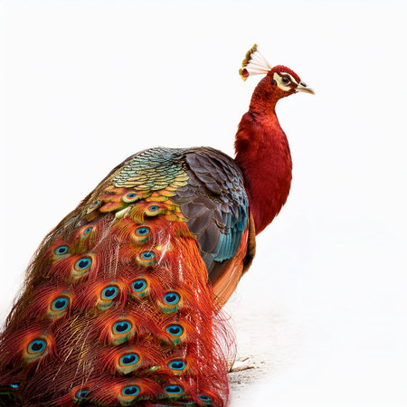 Colorful peacock, isolated on white background, close-upの素材