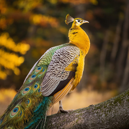 beautiful peacock on a tree in autumn forest, close upの素材