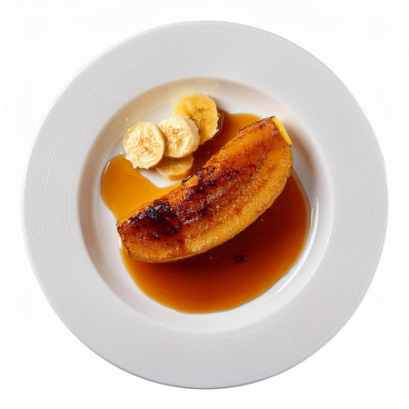 Banana and caramelized bananas on a white plate isolated on white backgroundの素材