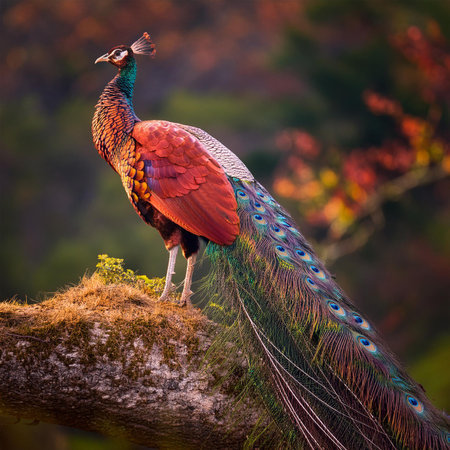 Beautiful peacock on a tree branch in the autumn forest.の素材