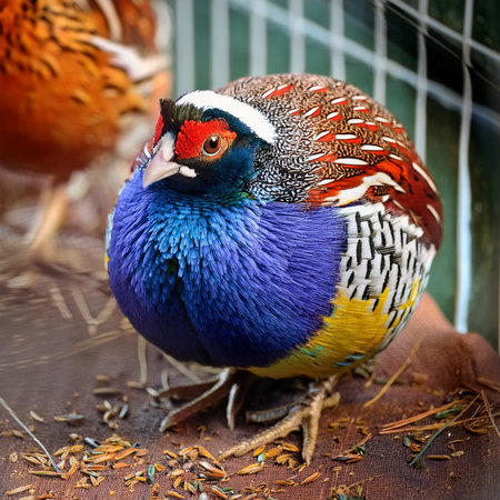 Colorful pheasant in a cage, close-up.の素材
