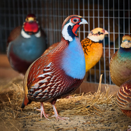Colorful male and female pheasant in a cage on a farmの素材