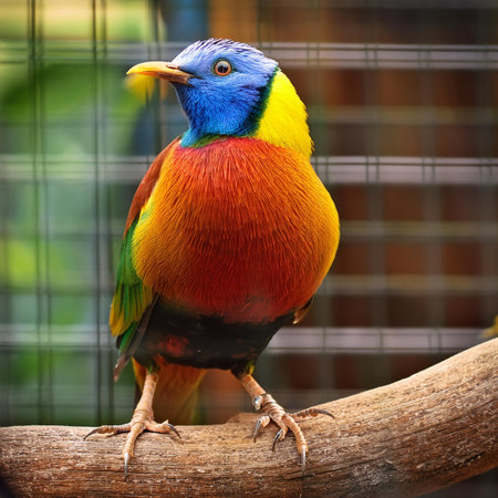Colorful bird in a cage at the zoo. Beautiful colorful bird.の素材