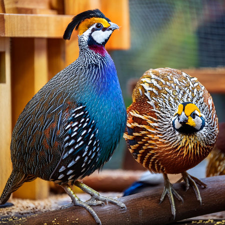 Pair of colorful pheasants in a cage at the zooの素材