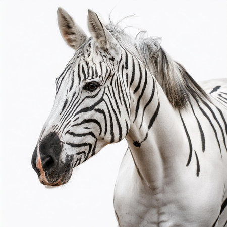 Portrait of a white and black zebra isolated on white backgroundの素材