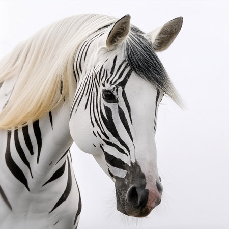 Portrait of a beautiful white and black zebra on a white backgroundの素材
