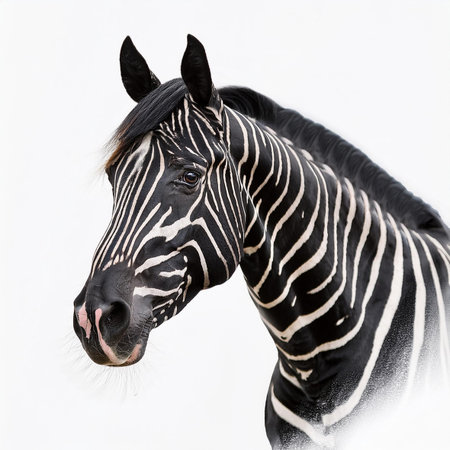 Portrait of a black and white zebra isolated on white backgroundの素材
