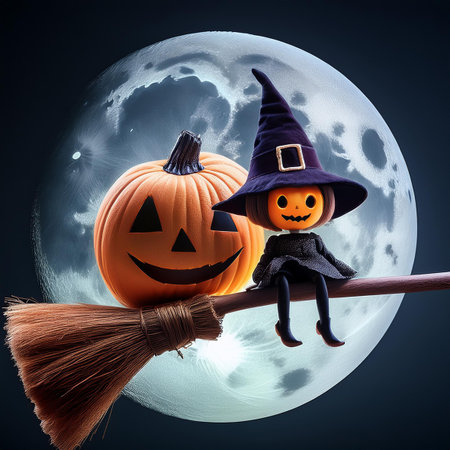 Halloween pumpkins and witch on broomstick on full moon backgroundの素材