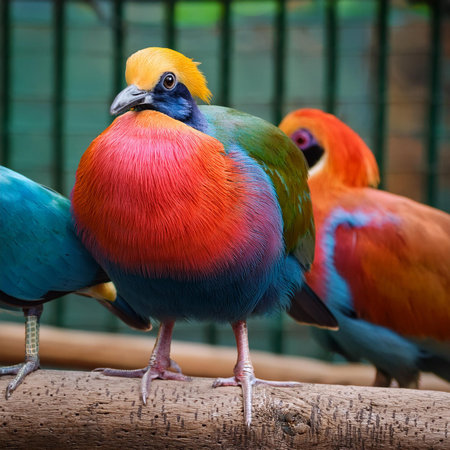 Group of colorful peacock birds in a cage at the zoo.の素材