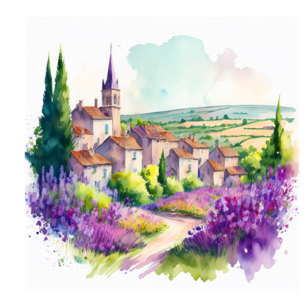 Watercolor landscape with lavender field and church in Provence, Franceの素材