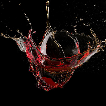 Red wine splashing out of a glass, isolated on black backgroundの素材