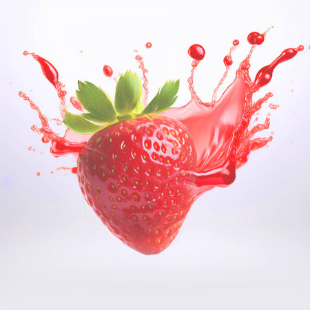 Strawberry with juice splash isolated on white background. 3d illustrationの素材
