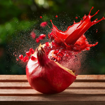 pomegranate with splashes of juice on a wooden tableの素材