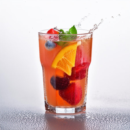 Refreshing summer cocktail with fruits, berries and ice on white backgroundの素材
