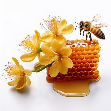 Honeycomb with honey, bee and flowers isolated on white backgroundの素材