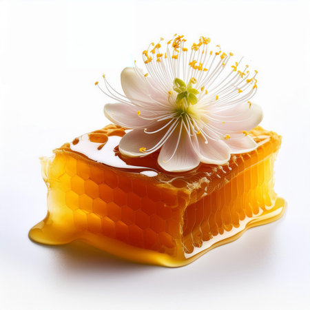 Honeycomb with flower on white background. Shallow dof.の素材