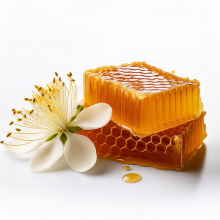Honeycomb and flower on a white background. Shallow dof.の素材