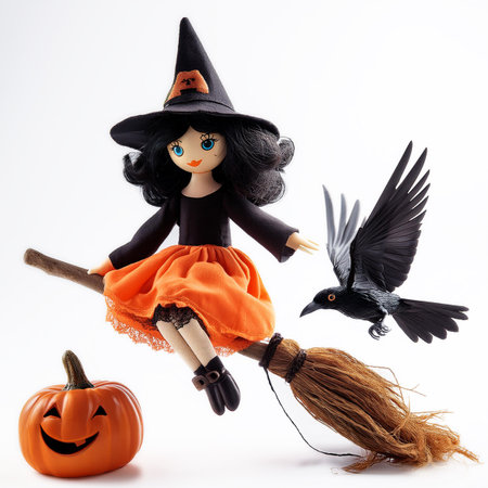 Halloween witch doll with pumpkins and witch broom on white backgroundの素材
