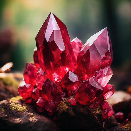Gemstone crystals on stone in forest. Macro shot with shallow depth of fieldの素材