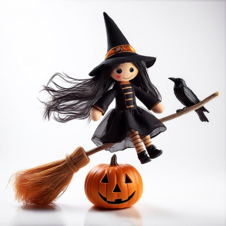 Halloween witch with broom and pumpkin isolated on a white background.の素材