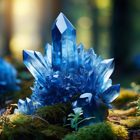Blue crystal in the forest, close-up, selective focus.の素材