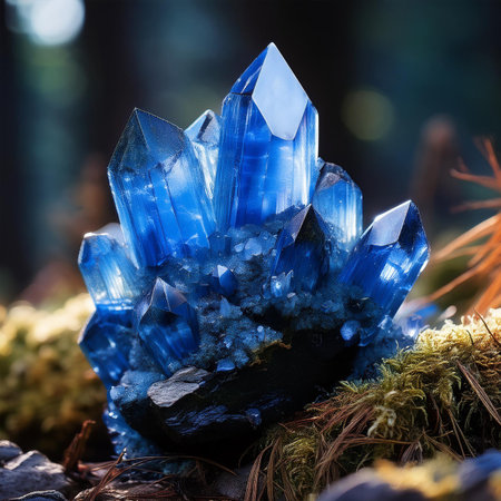 Blue quartz crystal on moss in the forest. Macro photo with shallow depth of fieldの素材