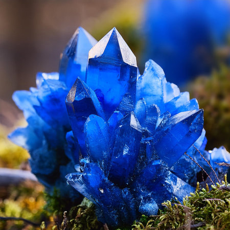 close up of a blue gemstone on a mossy ground in the forestの素材