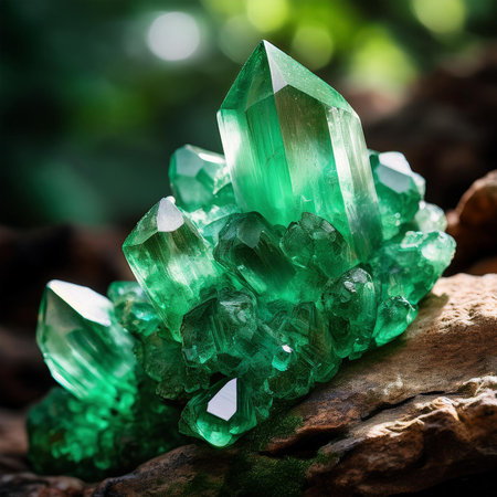 Green tourmaline on natural stone background. Macro. Selective focus.の素材