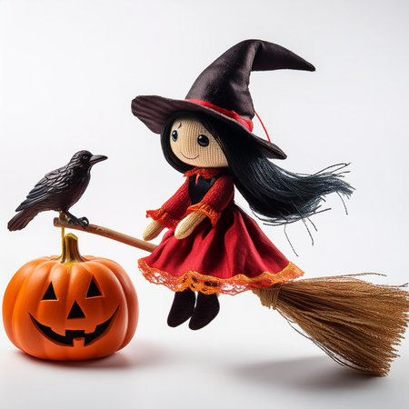 Halloween witch doll with pumpkin and broomstick isolated on white backgroundの素材