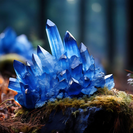 Blue crystal of agate on a stump in the forest. Macroの素材