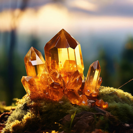 Amber crystals on green moss in the forest at sunset. Nature backgroundの素材