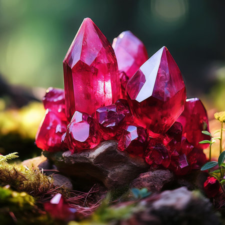 Natural gemstones of red color on a stone in the forest.の素材