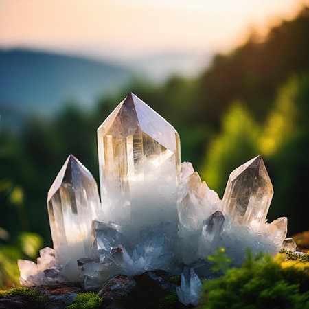 crystals of quartz in the mountains at sunset. natural background.の素材