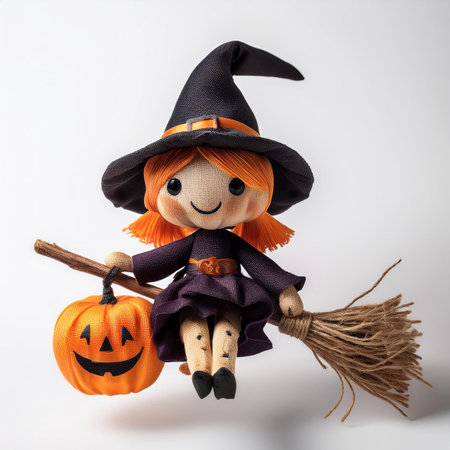 Halloween pumpkin doll with witch hat and broomstick on white backgroundの素材