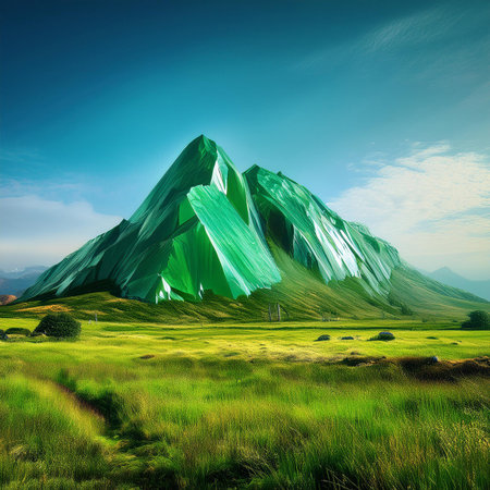 Mountain landscape with green grass and blue sky. Nature background.の素材