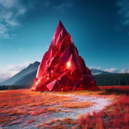 Fantasy landscape with mountains and a big red stone in the foregroundの素材