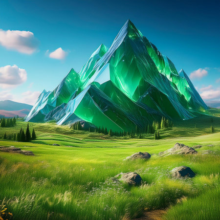 Fantasy landscape with mountains and green meadow. 3d illustrationの素材