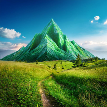 Mountain landscape with green grass and blue sky. Nature background.の素材