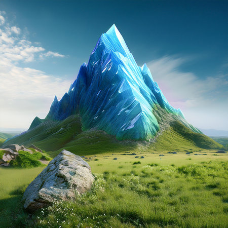 Fantastic mountain landscape with blue sky and clouds. 3d renderの素材