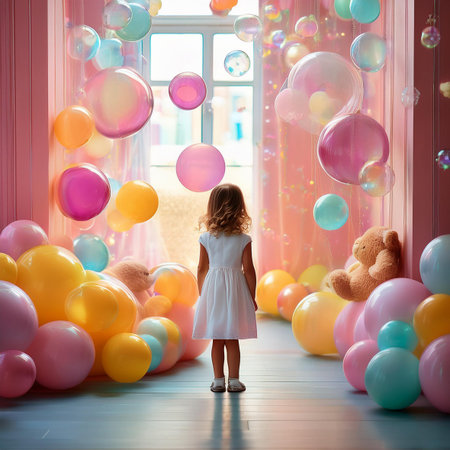 Little girl in a white dress standing in the room with balloons.の素材