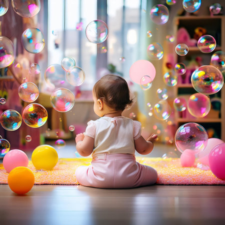 Cute little baby girl playing with soap bubbles in the room.の素材