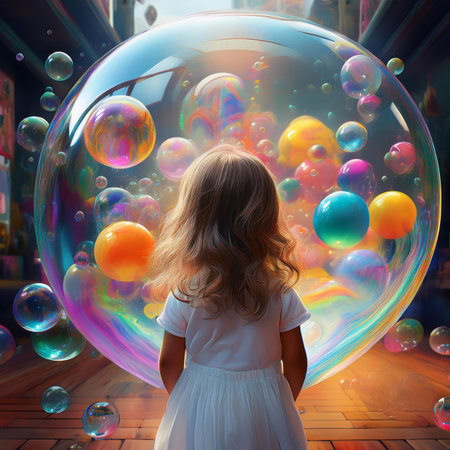 Little girl in a white dress on the background of soap bubbles.の素材