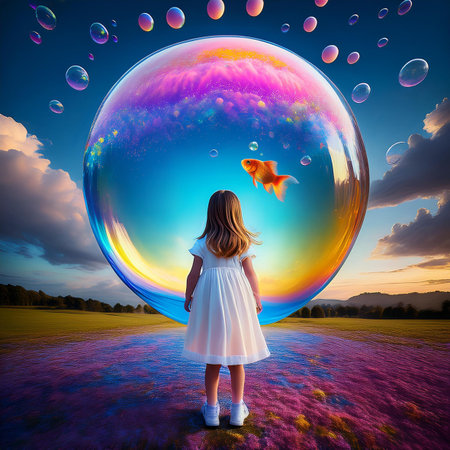 Little girl looking at a fish in a soap bubble on the meadowの素材
