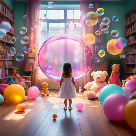 Cute little girl playing with soap bubbles in the childrens room.の素材