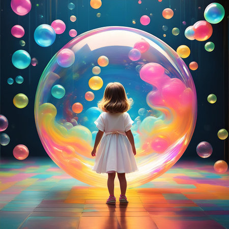 Little girl in a white dress on the background of soap bubbles.の素材