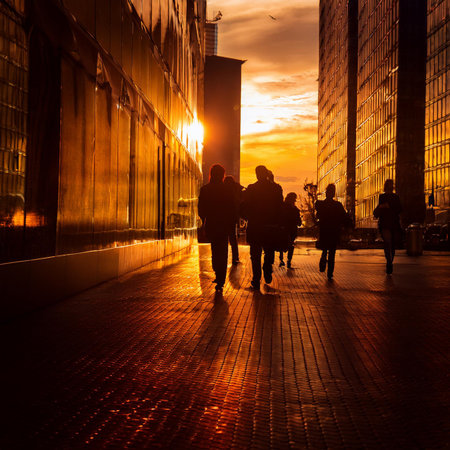 Silhouette of people walking on the street at sunset in Londonの素材