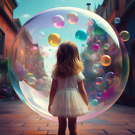 Little girl in a white dress on the background of soap bubbles.の素材