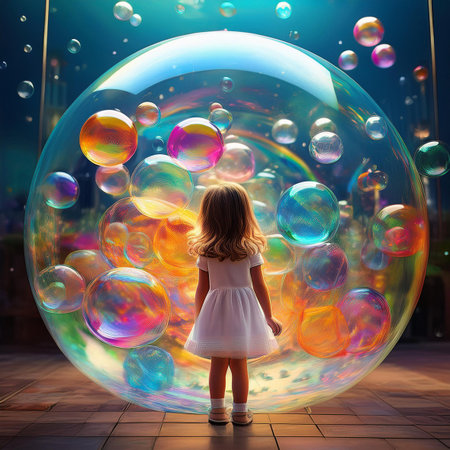 Little girl in a white dress on the background of soap bubbles.の素材