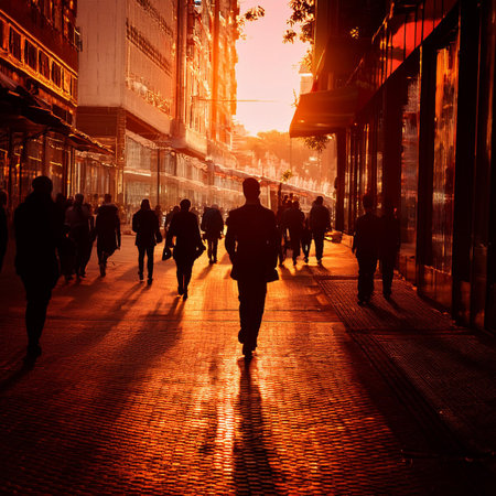 Silhouette of people walking on the street at sunset in Shanghai, China.の素材